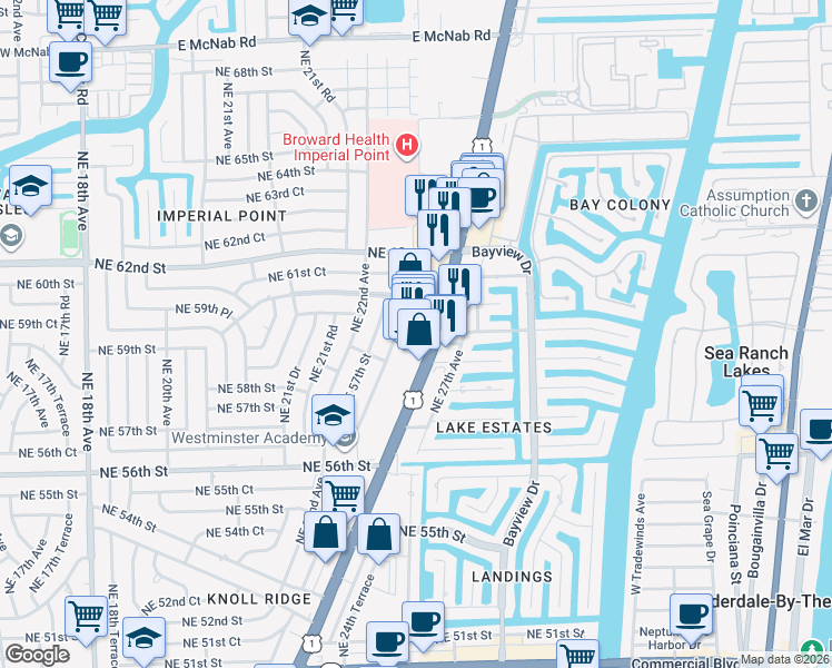 map of restaurants, bars, coffee shops, grocery stores, and more near 5975 North Federal Highway in Fort Lauderdale