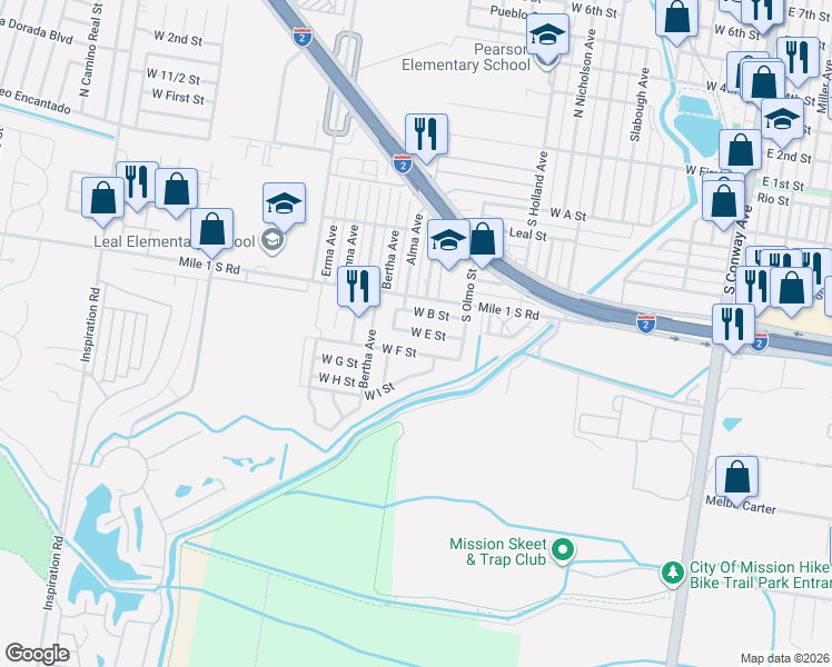 map of restaurants, bars, coffee shops, grocery stores, and more near 1008 West B Street in Mission
