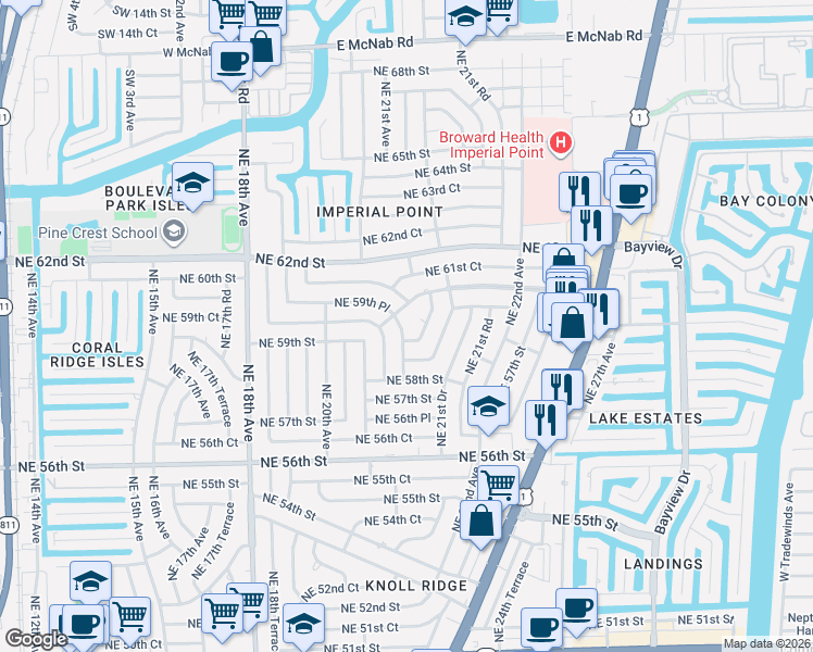 map of restaurants, bars, coffee shops, grocery stores, and more near 2128 Imperial Point Drive in Fort Lauderdale