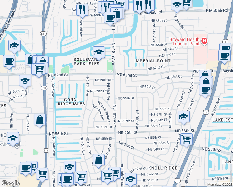 map of restaurants, bars, coffee shops, grocery stores, and more near 5951 Northeast 18th Terrace in Fort Lauderdale