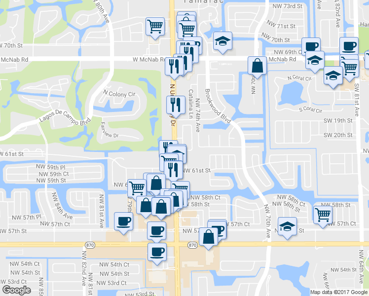 map of restaurants, bars, coffee shops, grocery stores, and more near 6328 Landings Way in Tamarac