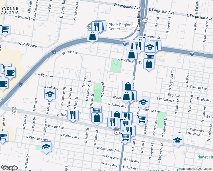 map of restaurants, bars, coffee shops, grocery stores, and more near 710 North Canna Street in Pharr