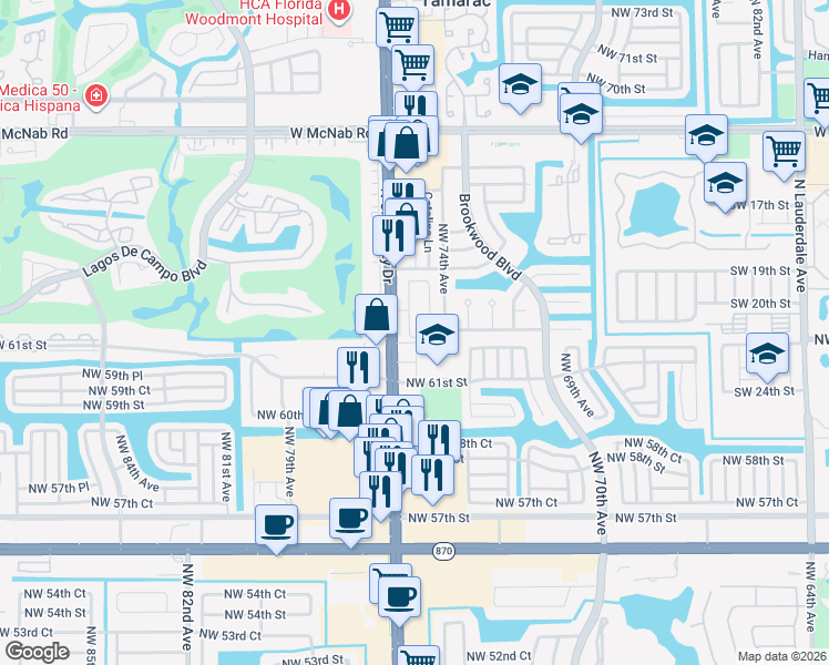 map of restaurants, bars, coffee shops, grocery stores, and more near 6328 Landings Way in Tamarac