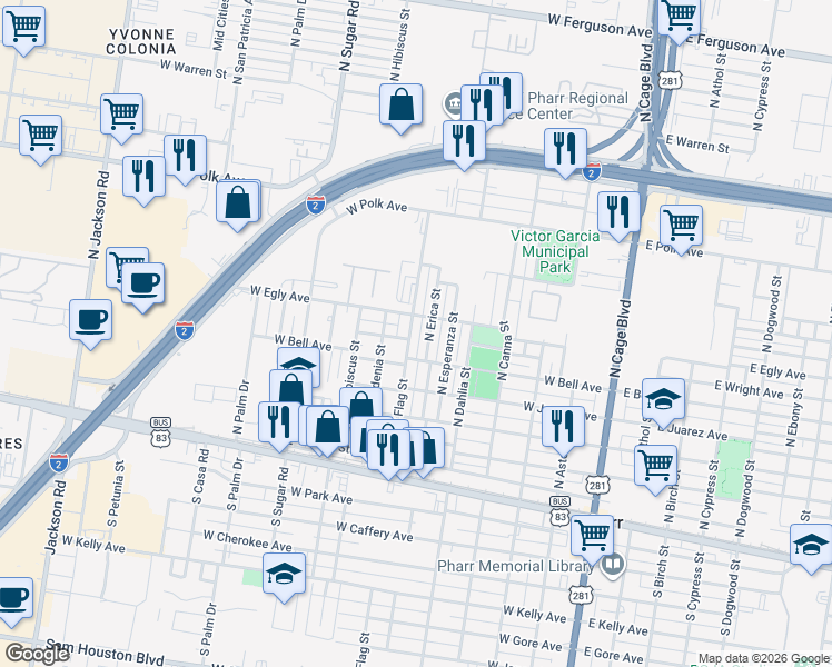 map of restaurants, bars, coffee shops, grocery stores, and more near 715 West Egly Avenue in Pharr