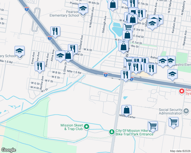 map of restaurants, bars, coffee shops, grocery stores, and more near 328 West Frontage Road in Mission