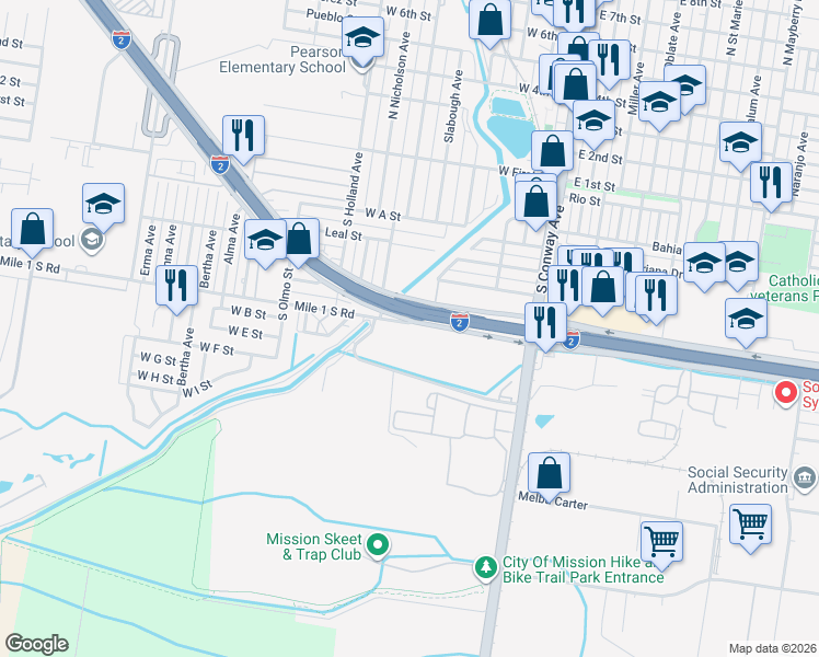 map of restaurants, bars, coffee shops, grocery stores, and more near 607 South Mile Road in Mission