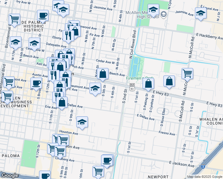 map of restaurants, bars, coffee shops, grocery stores, and more near 11 South 4th Street in McAllen