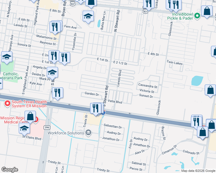 map of restaurants, bars, coffee shops, grocery stores, and more near 54 South Stewart Road in Mission