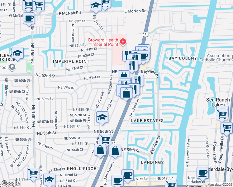 map of restaurants, bars, coffee shops, grocery stores, and more near 5950 Northeast 22nd Avenue in Fort Lauderdale