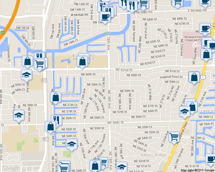 map of restaurants, bars, coffee shops, grocery stores, and more near 5951 Northeast 18th Terrace in Fort Lauderdale