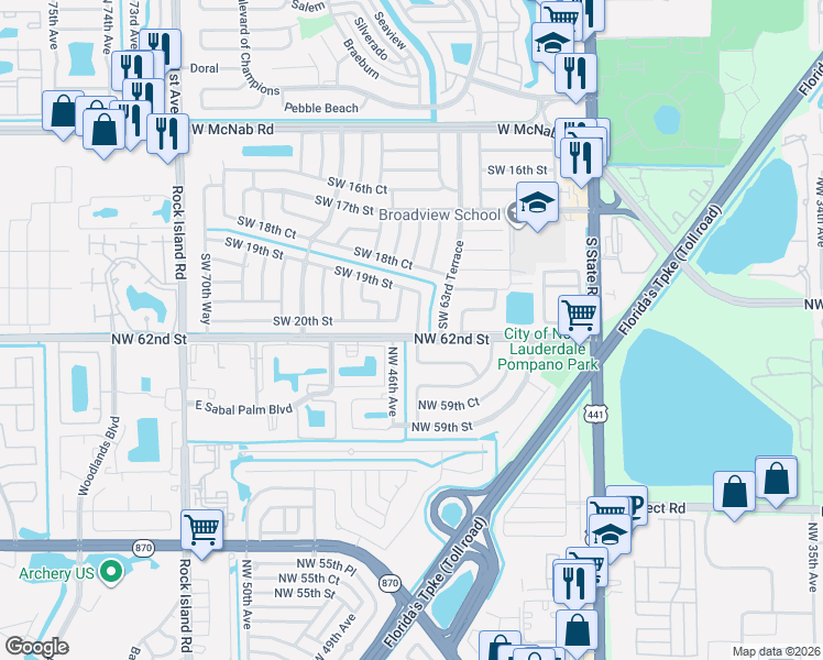 map of restaurants, bars, coffee shops, grocery stores, and more near 1961 Southwest 64th Avenue in North Lauderdale