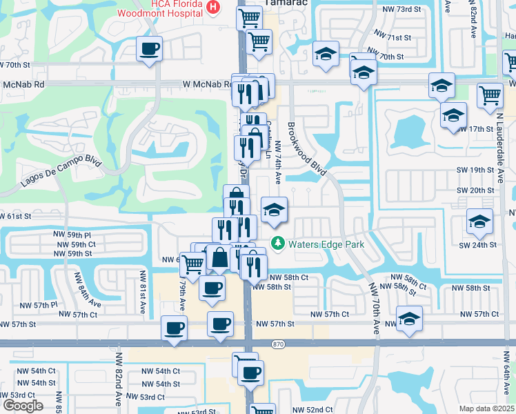 map of restaurants, bars, coffee shops, grocery stores, and more near 6328 Landings Way in Tamarac