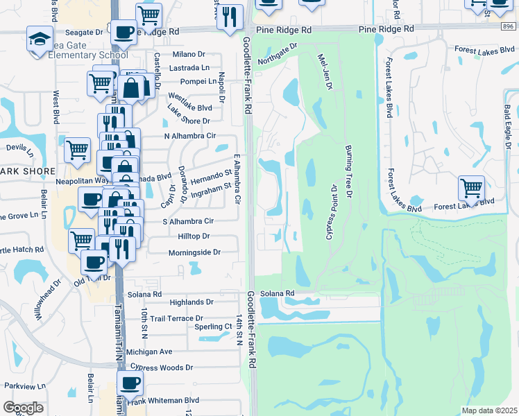 map of restaurants, bars, coffee shops, grocery stores, and more near 4502 East Alhambra Circle in Naples