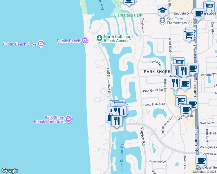 map of restaurants, bars, coffee shops, grocery stores, and more near 4500 Gulf Shore Boulevard North in Naples