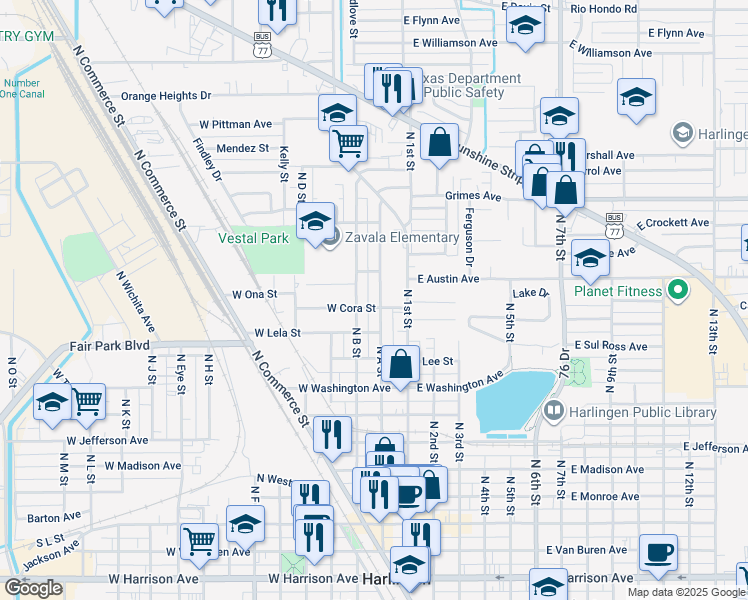 map of restaurants, bars, coffee shops, grocery stores, and more near 922 N A St in Harlingen