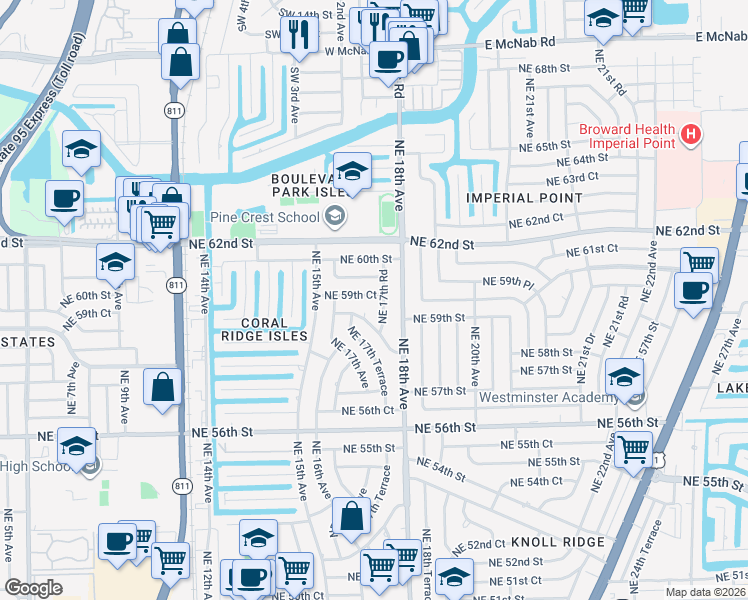 map of restaurants, bars, coffee shops, grocery stores, and more near 1770 Northeast 59th Court in Fort Lauderdale