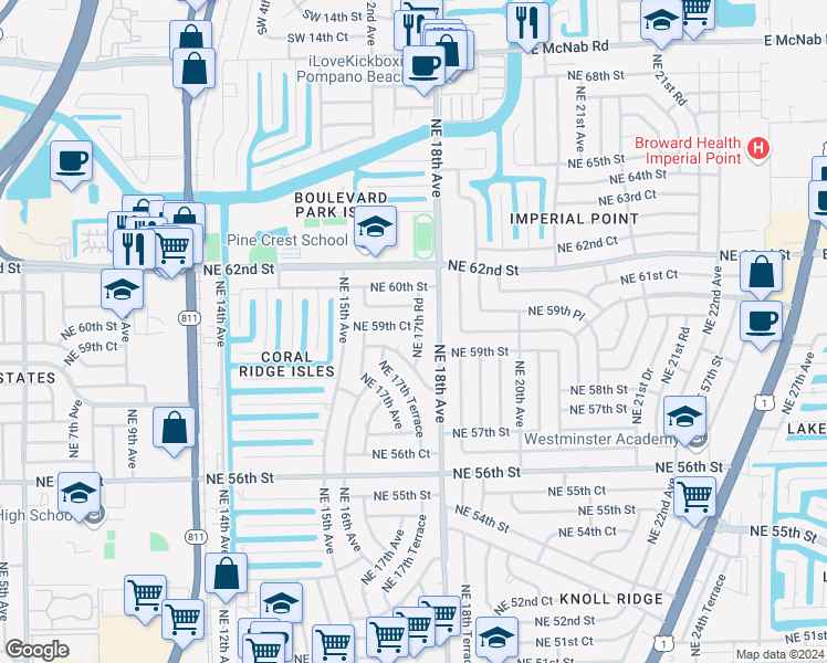 map of restaurants, bars, coffee shops, grocery stores, and more near 1770 Northeast 59th Court in Fort Lauderdale