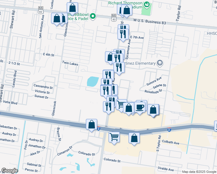map of restaurants, bars, coffee shops, grocery stores, and more near 303 Farm-To-Market Road 494 in Mission