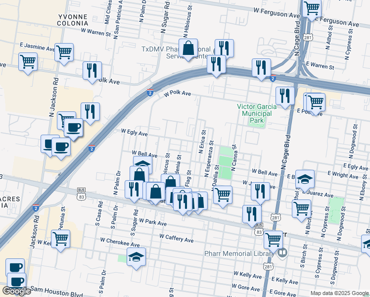 map of restaurants, bars, coffee shops, grocery stores, and more near 715 West Egly Avenue in Pharr