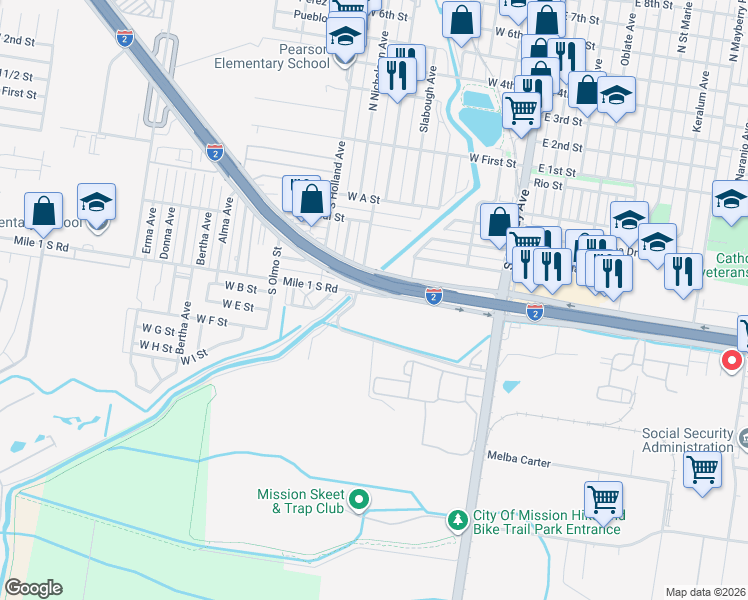 map of restaurants, bars, coffee shops, grocery stores, and more near 607 South Mile Road in Mission