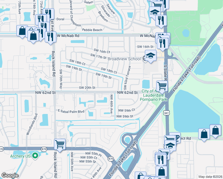 map of restaurants, bars, coffee shops, grocery stores, and more near 6601 Southwest 20th Street in North Lauderdale