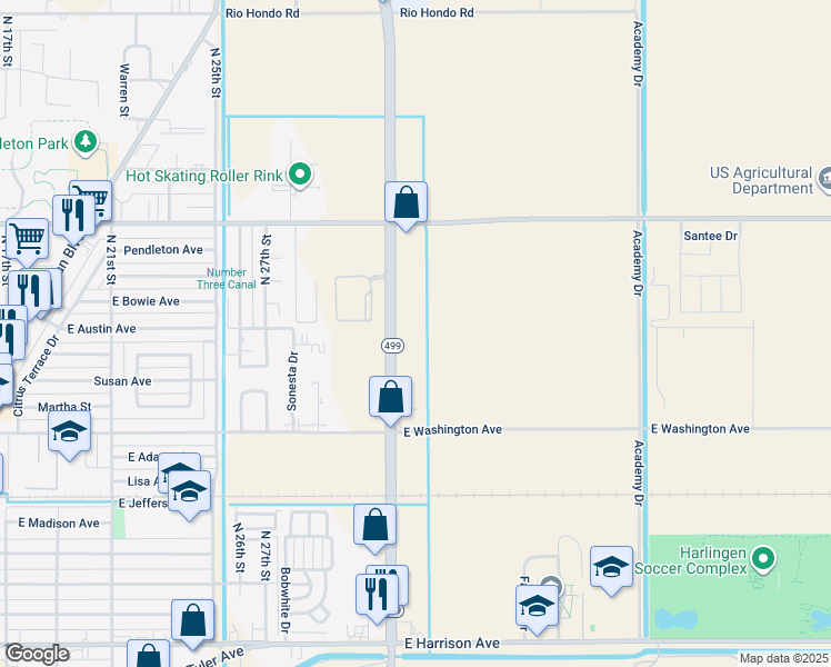 map of restaurants, bars, coffee shops, grocery stores, and more near 1010 North Loop 499 in Harlingen