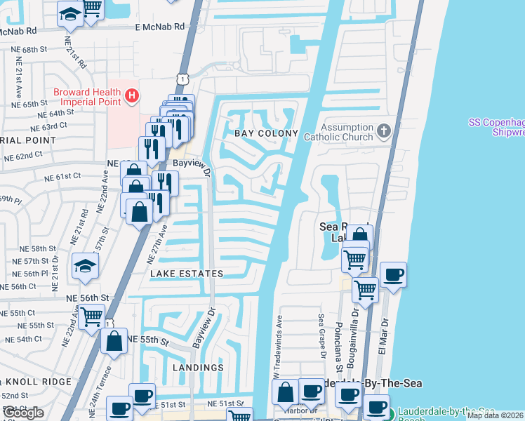 map of restaurants, bars, coffee shops, grocery stores, and more near 40 Bay Colony Lane in Fort Lauderdale