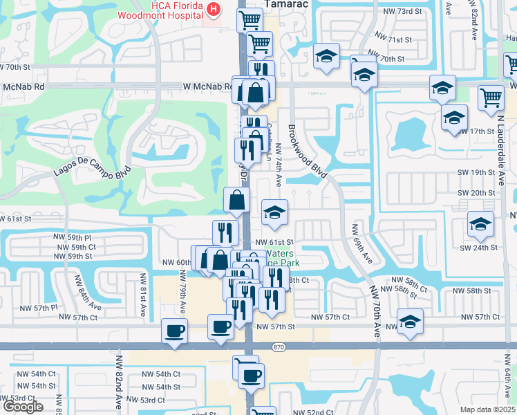 map of restaurants, bars, coffee shops, grocery stores, and more near 6328 Landings Way in Tamarac