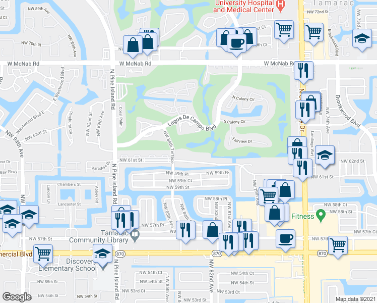 map of restaurants, bars, coffee shops, grocery stores, and more near 8405 Northwest 61st Street in Tamarac
