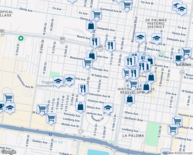map of restaurants, bars, coffee shops, grocery stores, and more near 2206 Dallas Avenue in McAllen