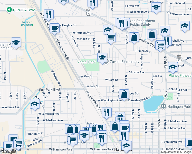 map of restaurants, bars, coffee shops, grocery stores, and more near 905 North D Street in Harlingen