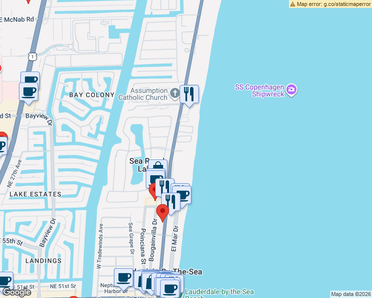 map of restaurants, bars, coffee shops, grocery stores, and more near 5300 North Ocean Boulevard in Sea Ranch Lakes