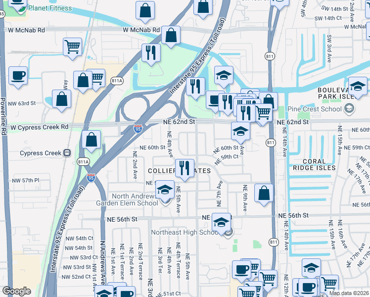 map of restaurants, bars, coffee shops, grocery stores, and more near 5971 Northeast 5th Terrace in Fort Lauderdale