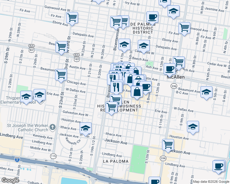 map of restaurants, bars, coffee shops, grocery stores, and more near 223 South 17th Street in McAllen