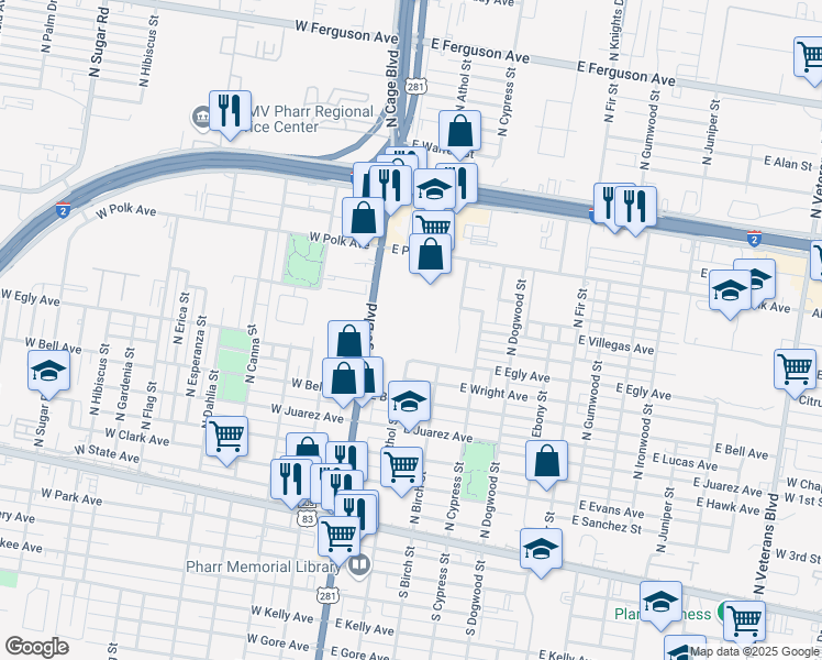 map of restaurants, bars, coffee shops, grocery stores, and more near 724 North Cage Boulevard in Pharr