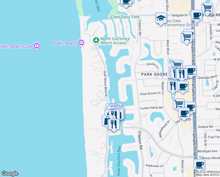 map of restaurants, bars, coffee shops, grocery stores, and more near 4500 Gulf Shore Boulevard North in Naples