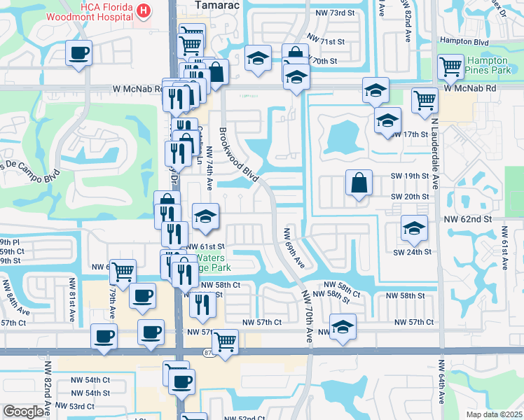 map of restaurants, bars, coffee shops, grocery stores, and more near 7019 Northwest 63rd Street in Tamarac