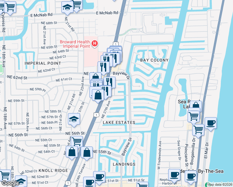 map of restaurants, bars, coffee shops, grocery stores, and more near 2800 Northeast 59th Court in Fort Lauderdale