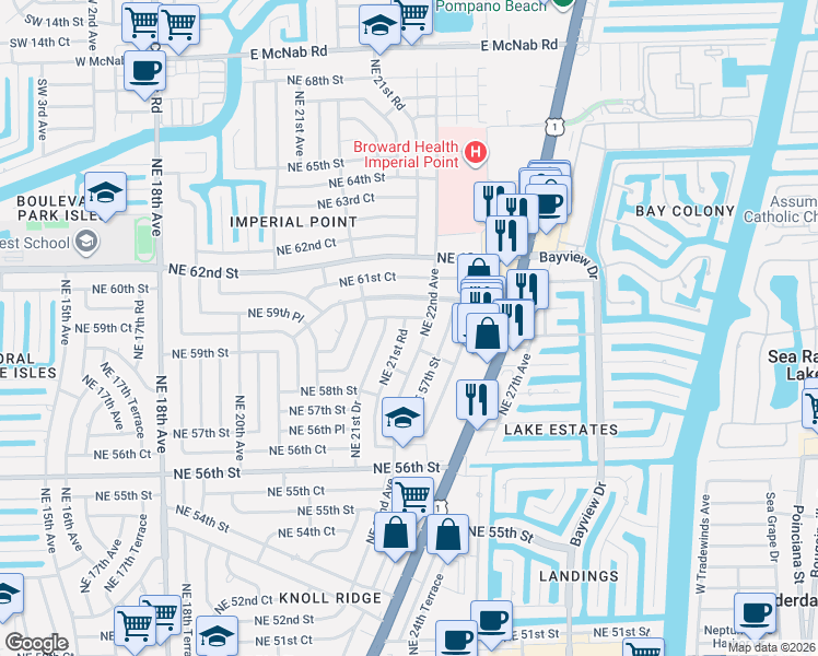 map of restaurants, bars, coffee shops, grocery stores, and more near 2175 Northeast 59th Court in Fort Lauderdale