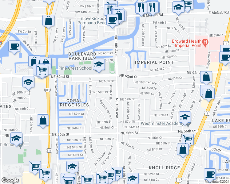 map of restaurants, bars, coffee shops, grocery stores, and more near 5951 Northeast 18th Terrace in Fort Lauderdale