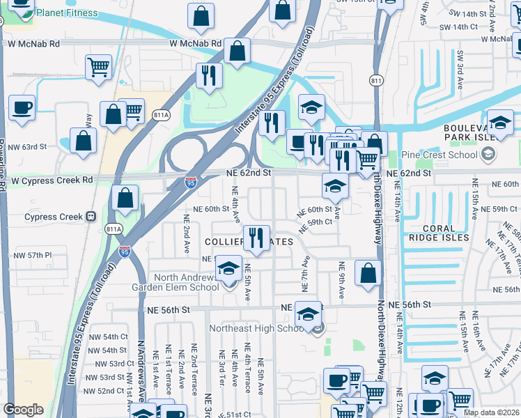 map of restaurants, bars, coffee shops, grocery stores, and more near 6010 Northeast 5th Avenue in Fort Lauderdale