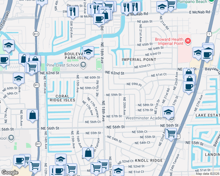 map of restaurants, bars, coffee shops, grocery stores, and more near 1831 Northeast 59th Court in Fort Lauderdale