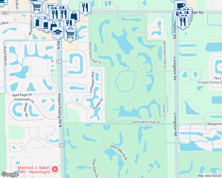 map of restaurants, bars, coffee shops, grocery stores, and more near 5028 Kensington High Street in Naples