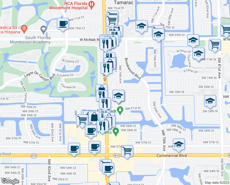 map of restaurants, bars, coffee shops, grocery stores, and more near 6317 Landings Terrace in Tamarac