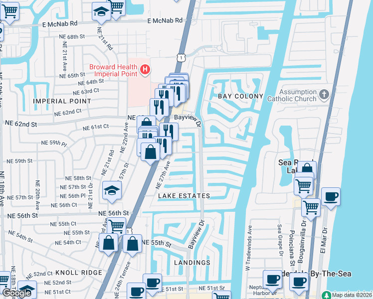 map of restaurants, bars, coffee shops, grocery stores, and more near 2821 Northeast 59th Street in Fort Lauderdale