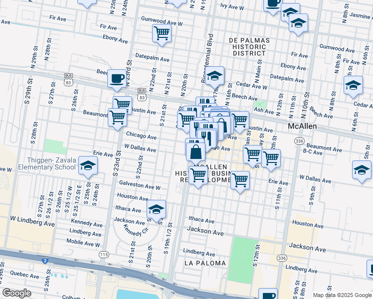 map of restaurants, bars, coffee shops, grocery stores, and more near 303 South Bicentennial Boulevard in McAllen
