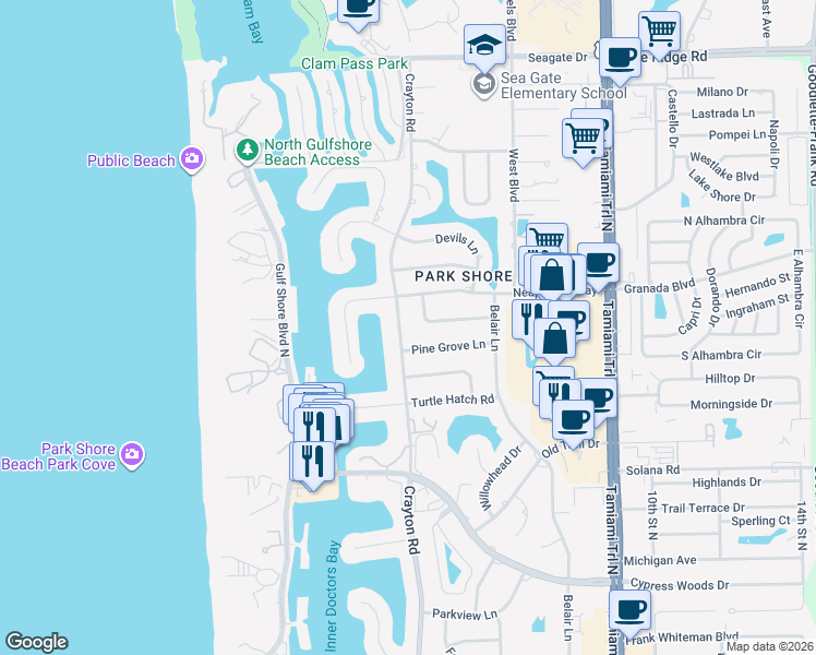 map of restaurants, bars, coffee shops, grocery stores, and more near 4230 Crayton Road in Naples