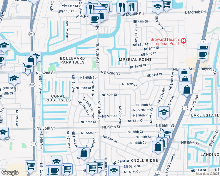 map of restaurants, bars, coffee shops, grocery stores, and more near 1901 Northeast 59th Court in Fort Lauderdale