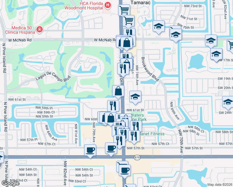 map of restaurants, bars, coffee shops, grocery stores, and more near 8301 North University Drive in Tamarac