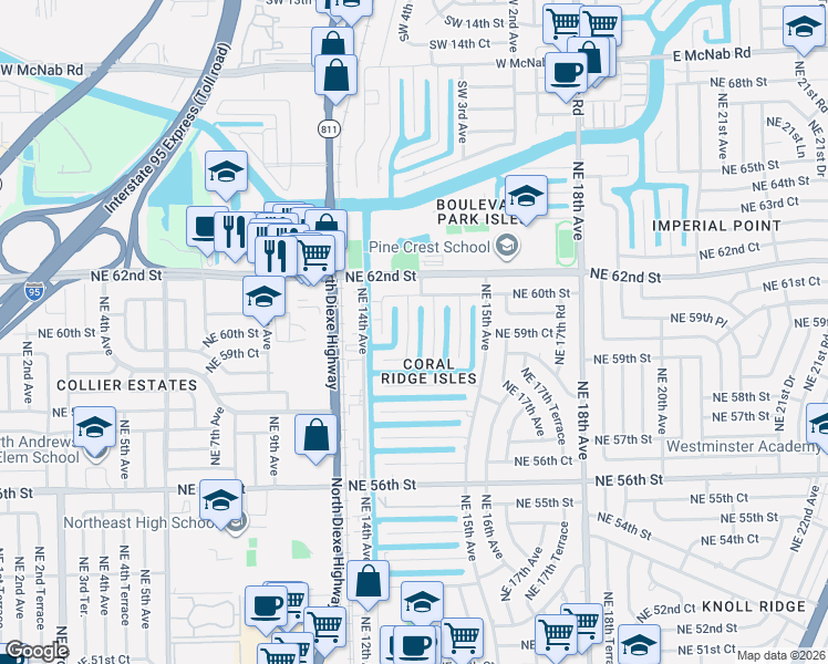map of restaurants, bars, coffee shops, grocery stores, and more near 5931 Northeast 14th Road in Fort Lauderdale
